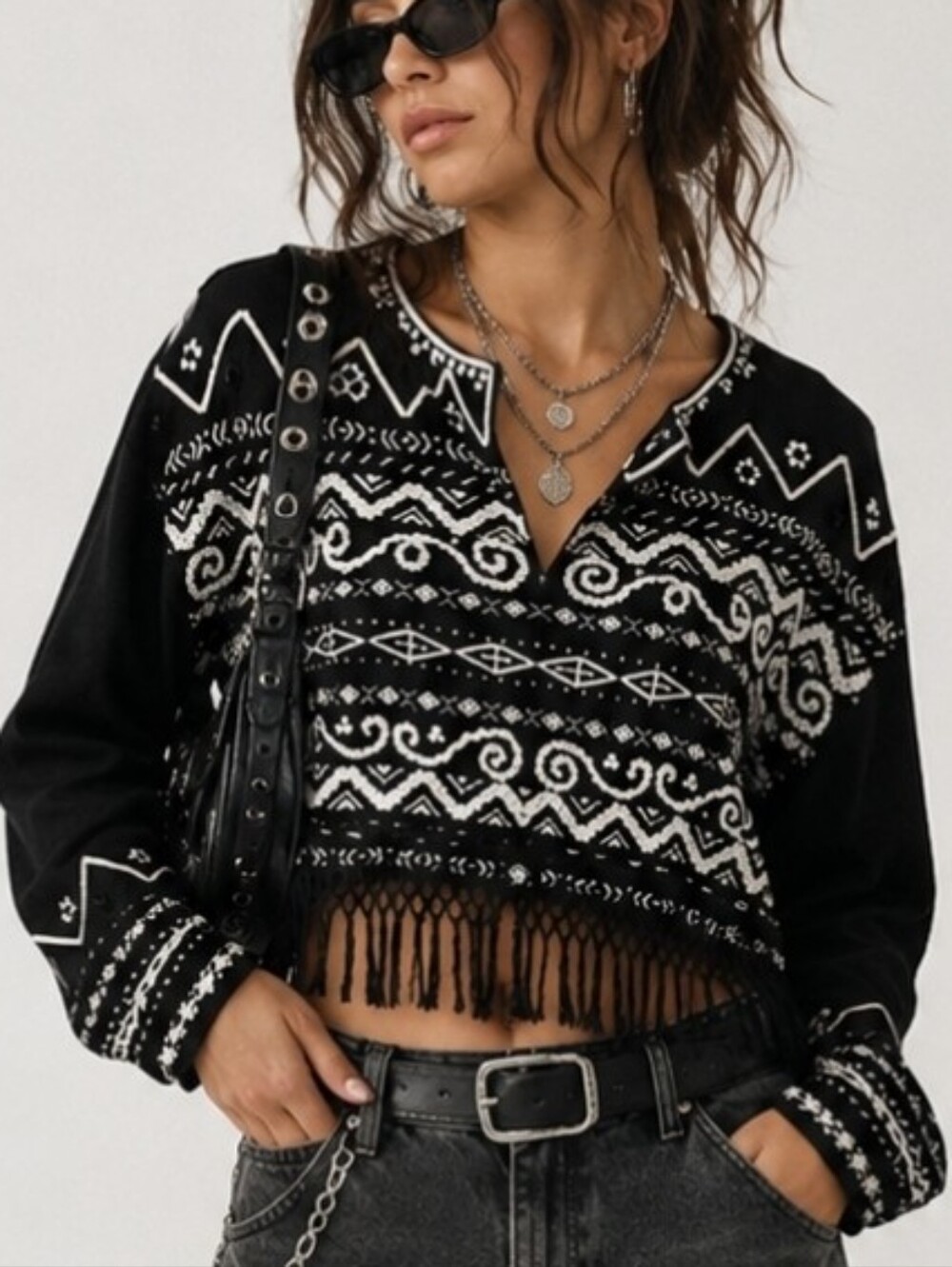 Vintage DKNY 80's Linen Blazer Black Crop Fringe Sequins Beads Oversize Small